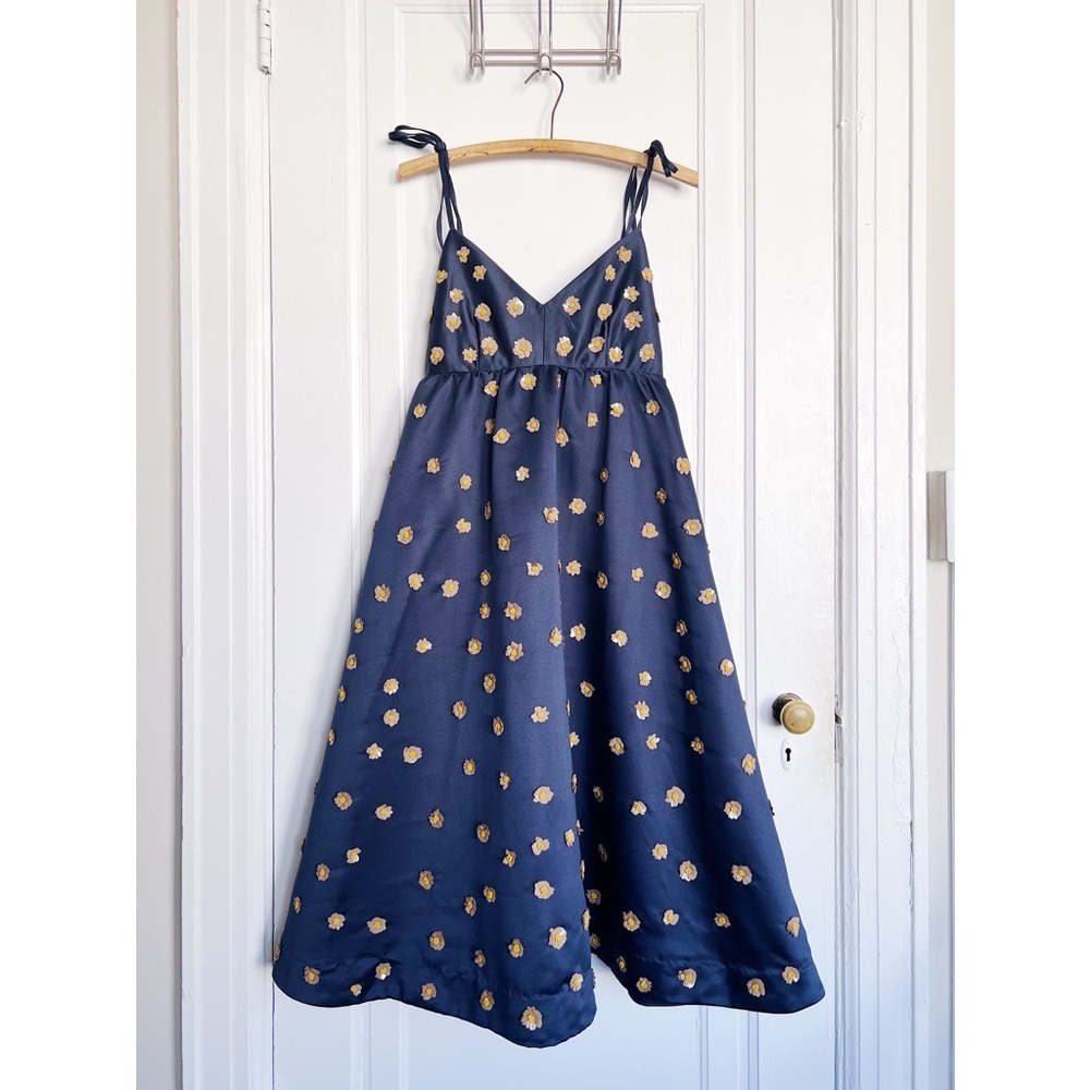 Dhruv Kapoor • Anthropologie Calysta Dress navy blue satin midi sequin floral - Picture 2 of 13